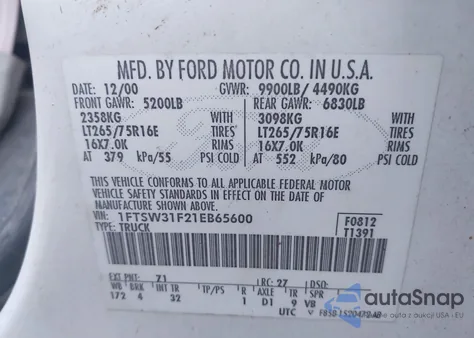 2001 Ford F-350 Lariat/Xl/Xlt из США, поврежденный, VIN 1FTSW31F21EB65600